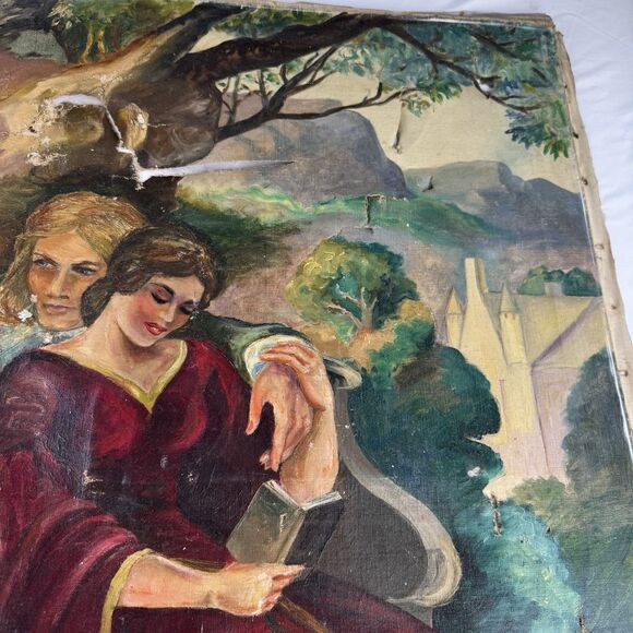Antique Painting Damaged 36”x30” Portrait Of Courting Couple w Harp - Castle - Picture 6 of 9